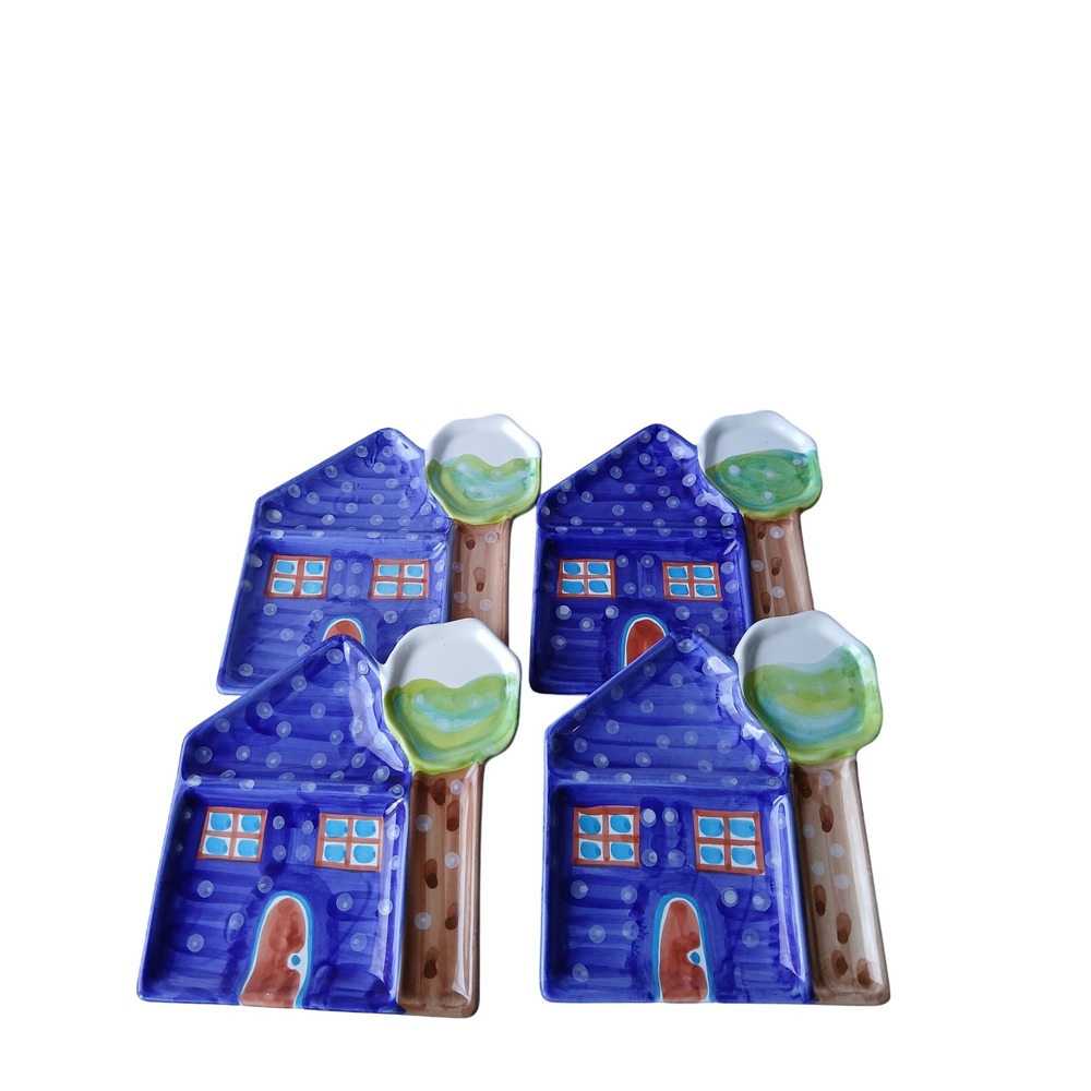 Ciao ItalYa by Bellini Italy Ceramic House Tree Appetizer Plates‎ Set of 4 Blue